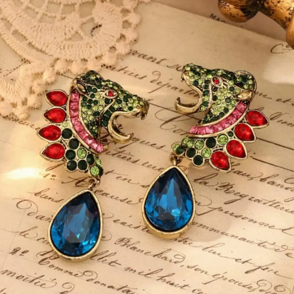 Gold Plated Multi colour rhinestone Lion statement earrings - NEW